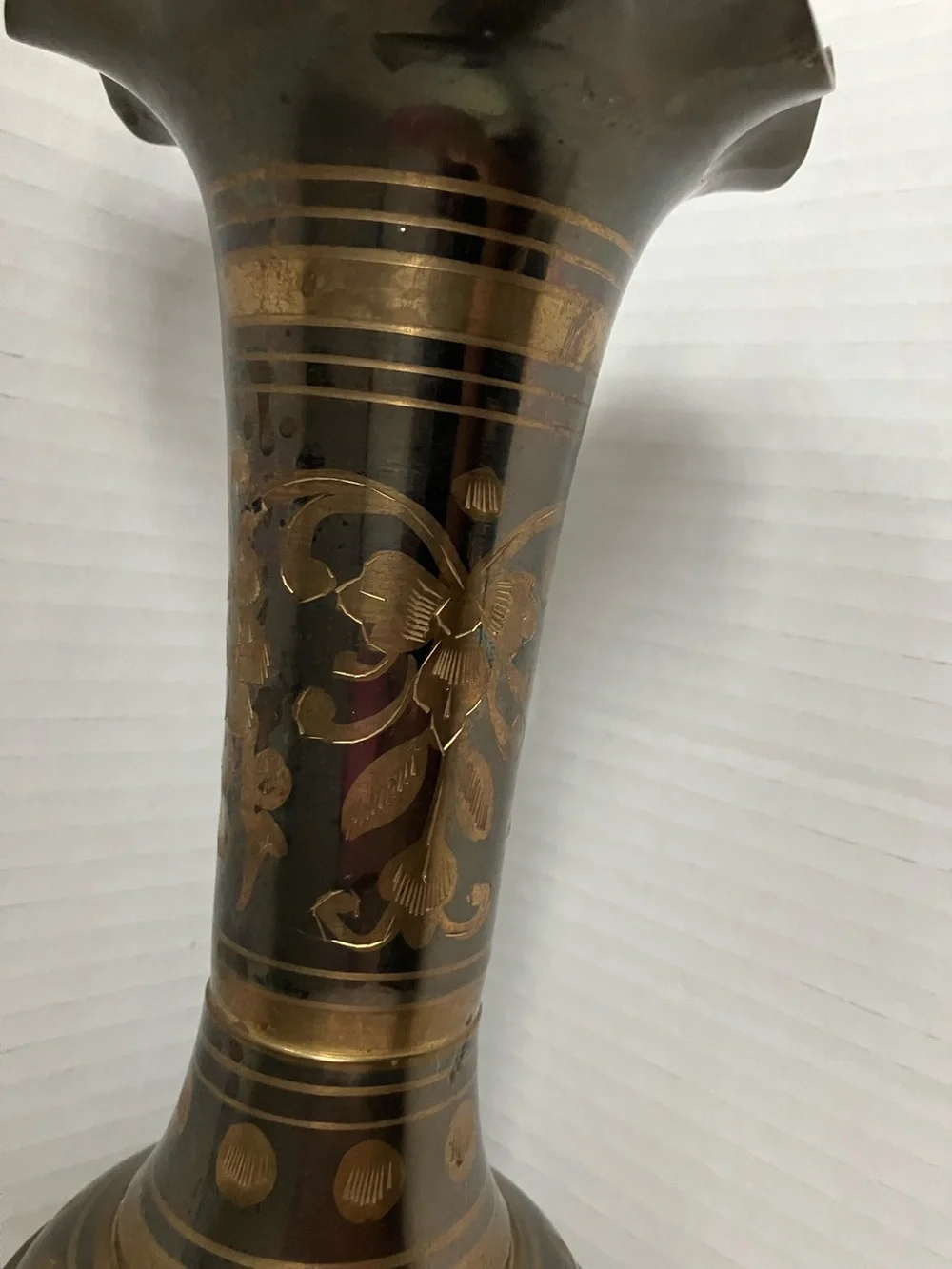 Vintage Brass and Black Floral Etched Vase Scalloped Top 13 Inch 1970’s Decor